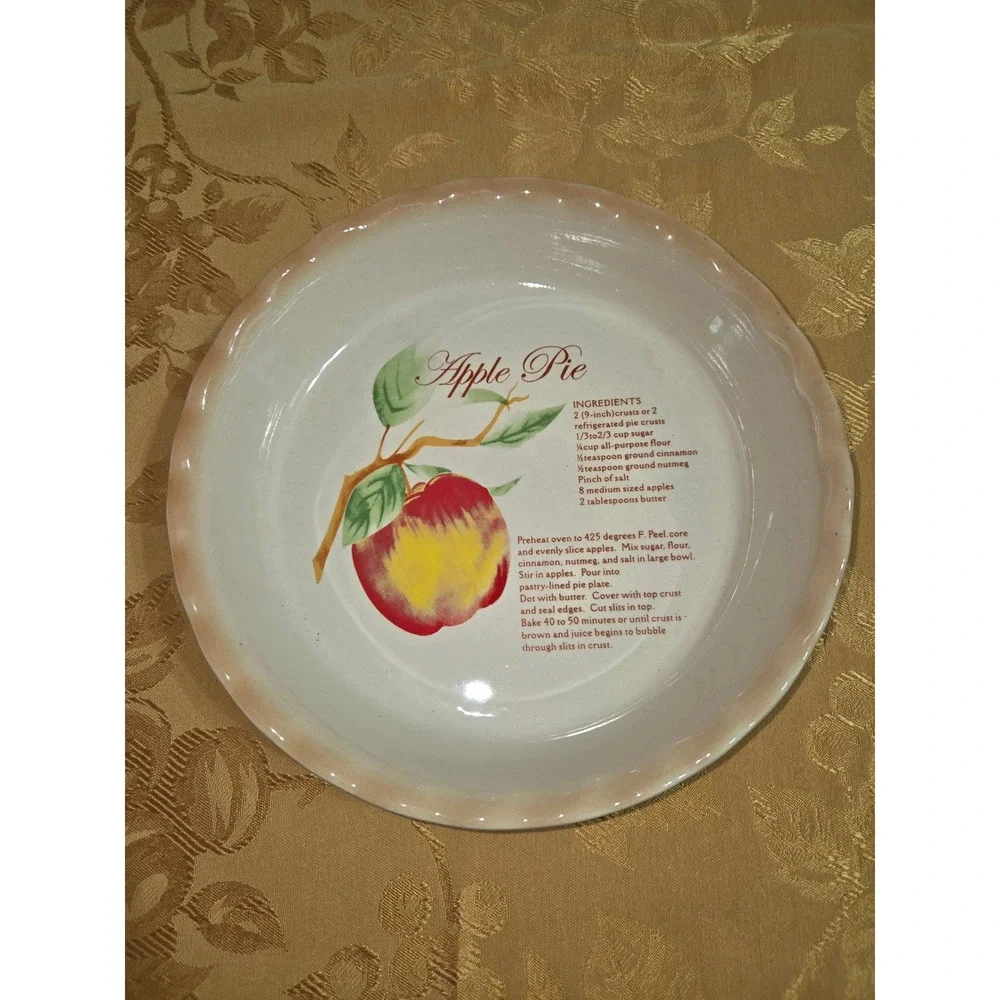 Gold Coast Ceramic Apple Pie Dish with Recipe Scalloped Rim Farmhouse Bakeware